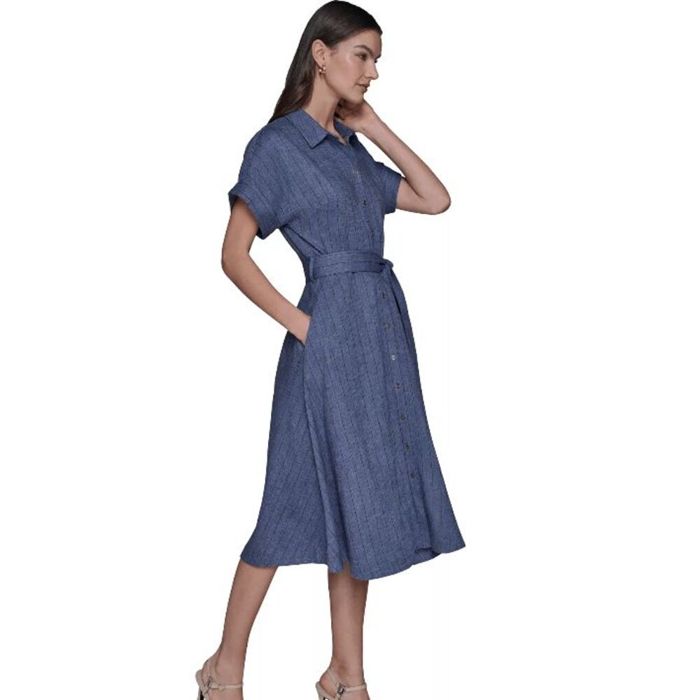 KARL LAGERFELD Linen Blend Belted Pinstripe Braided Back Midi Dress Blue Size 6